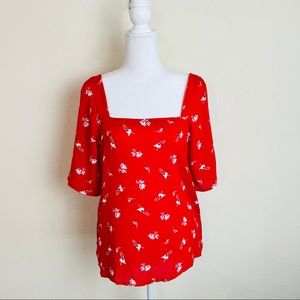 A New Day Red Linen Floral Square Neck Flowy Top Short Sleeve Blouse